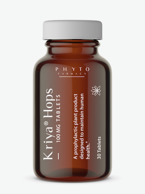 Kriya Hops CBD 100 mg timed release tablets in amber glass bottle — bioactivity-verified non-cannabis CBD extract.