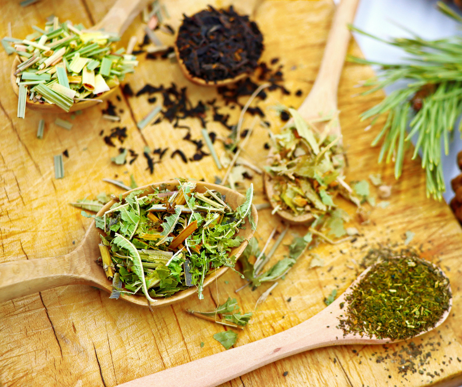 Assorted dried botanical plant materials prepared for extract formulation.
