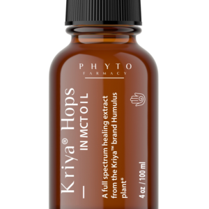 Kriya Hops CBD 1200 mg tincture in MCT oil — 4 oz amber glass bottle, non-cannabis CBD, THC-free and bioactivity-verified.