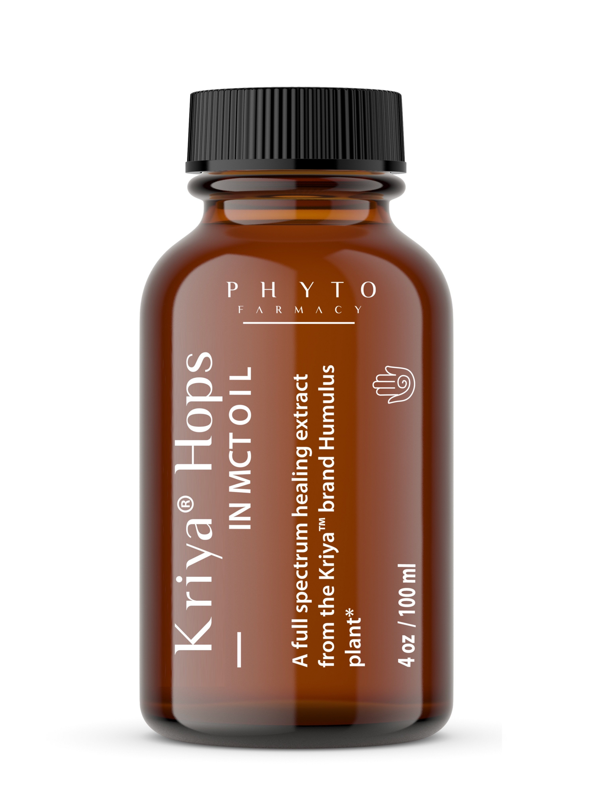 Kriya Hops CBD 1200 mg tincture in MCT oil — 4 oz amber glass bottle, non-cannabis CBD, THC-free and bioactivity-verified.