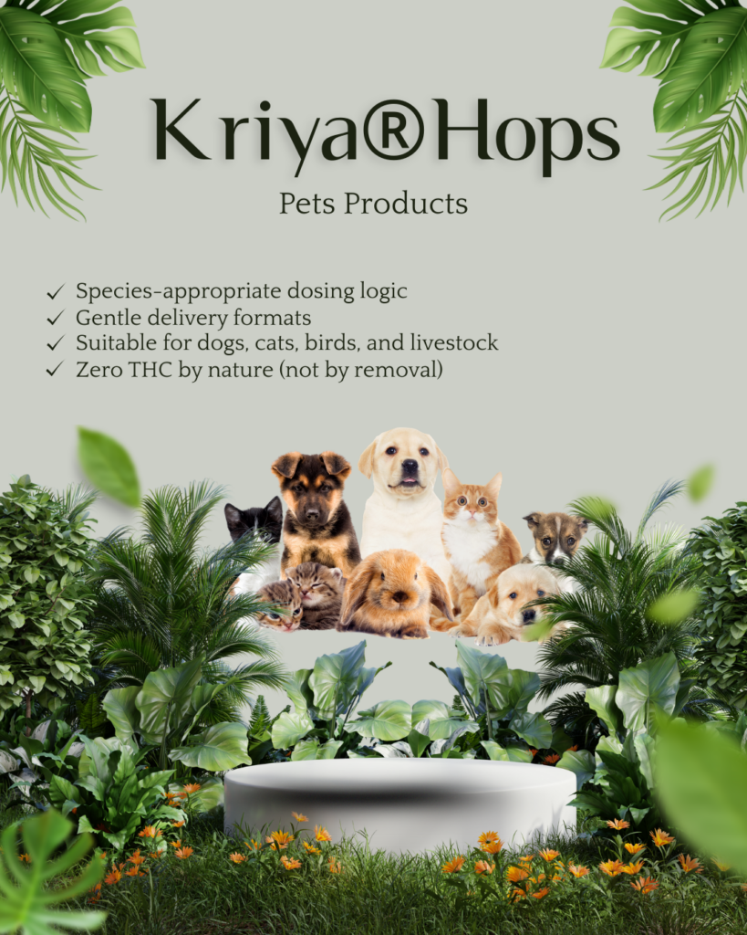 Kriya® Hops pet products displayed for multiple animal species, highlighting non-hemp, THC-free formulations.