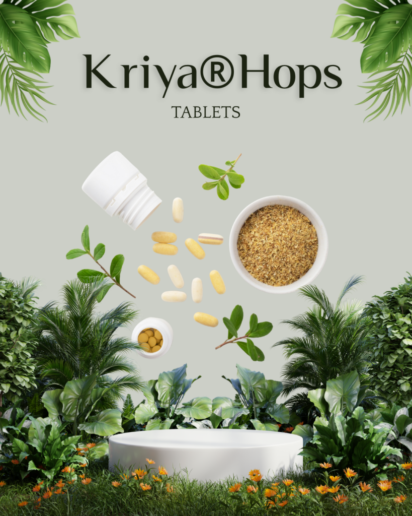 Kriya® Hops CBD tablets displayed alongside botanical source material.